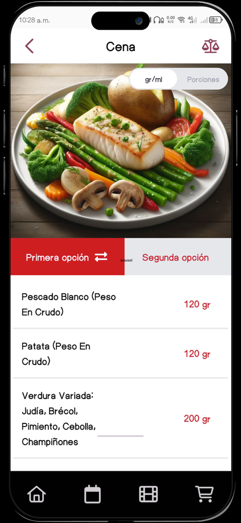 Tela de aplicativo móvel mostrando um plano de jantar saudável com peixe, vegetais e pesos dos ingredientes em gramas.