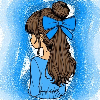 realistic girl  with hip length hair a bun and a big bow on the back of head