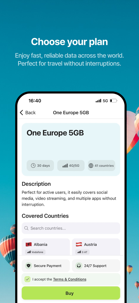 One Sim - Pantalla de la aplicación móvil que muestra un plan de datos de Europa de 5 GB para viajeros internacionales