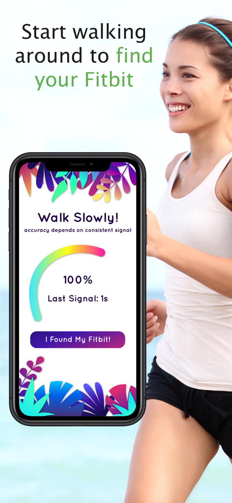 A smartphone showing the Find My Fitbit app interface with a signal strength meter at 100 percent