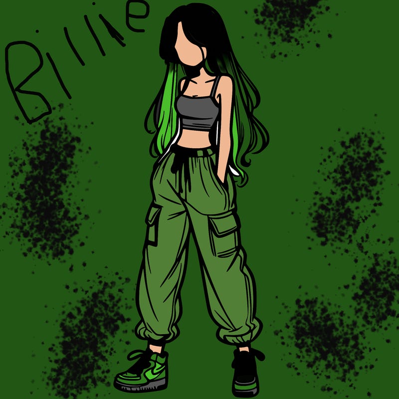 girl in baggy pants crop top and long hair