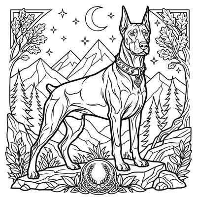 Step into a world of majestic beauty with this Doberman Pinscher coloring page, showcasing the breed's elegant strength amidst a serene natural backdrop. Perfect for dog lovers and coloring enthusiasts seeking a rewarding artistic challenge.