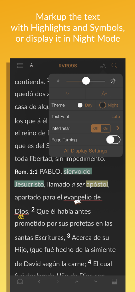 Accordance Bible Software - Accordance Bible Software interface displaying Spanish text in night mode with highlights symbols and a display settings overlay