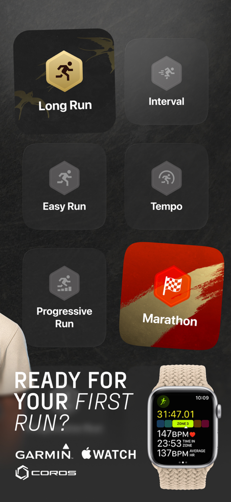 Kotcha app interface showing running workout types and smartwatch compatibility