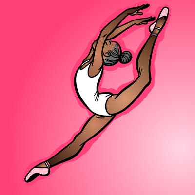 gymnast doing a leap in a leotard with a bent back leg