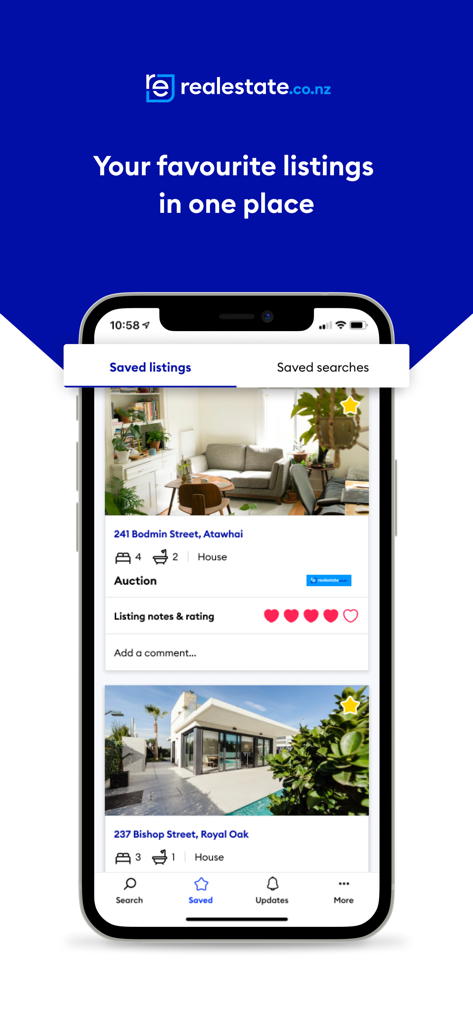 Realestate - The saved listings interface of the Realestate.co.nz mobile app displaying favorite property bookmarks and ratings.