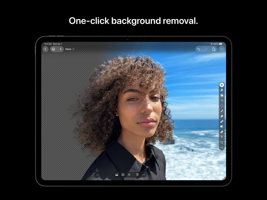 iPad screen showing a woman portrait with one-click background removal in Pixelmator Pro