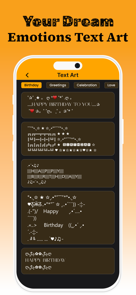 Mobile app screen showing multiple stylish ASCII text art designs for birthday greetings