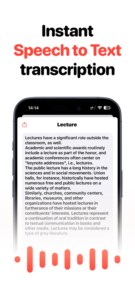 Speech To Text: AI Note Taker - Tela de smartphone mostrando transcrição instantânea de fala para texto de uma palestra com uma forma de onda de áudio vermelha