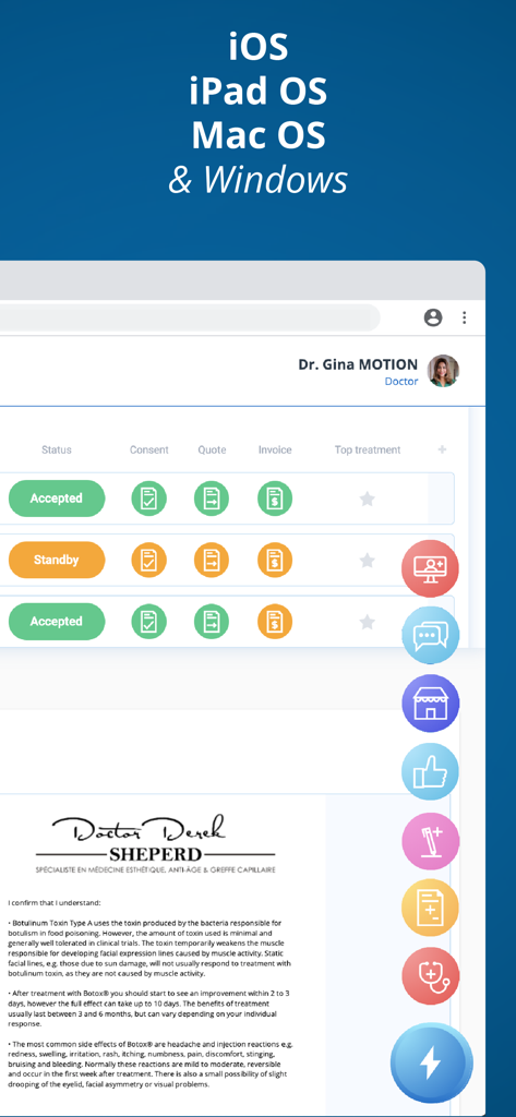 NM Capture app interface showing aesthetic clinic management tools and multi-platform availability