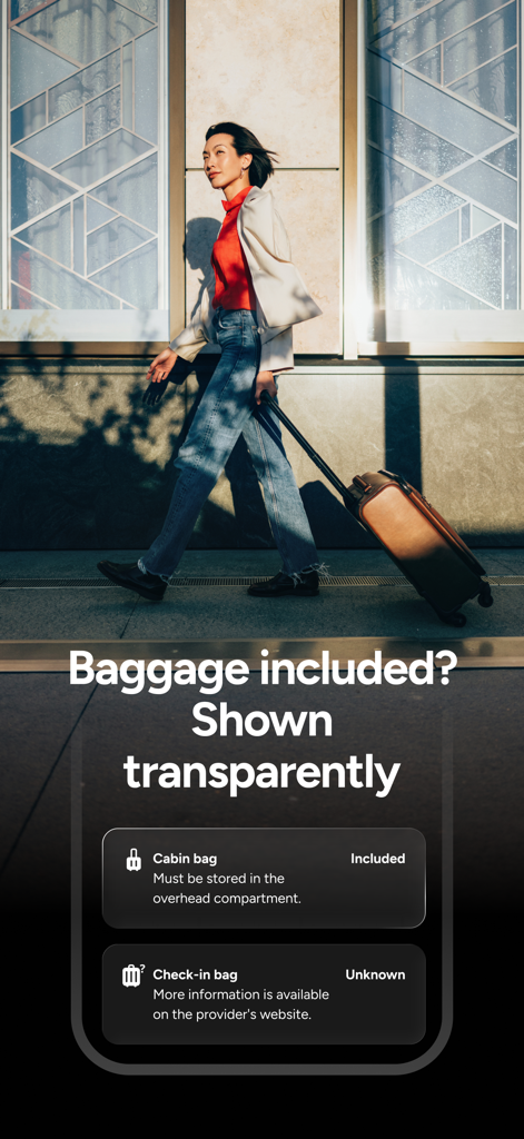 Una donna che cammina con una valigia e un'interfaccia dell'app che mostra la trasparenza dei bagagli a mano e da stiva.