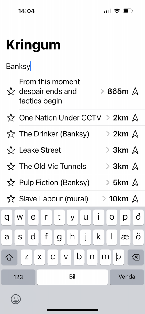 Kringum London 앱에서 Banksy 거리 예술 위치 및 거리에 대한 검색 결과