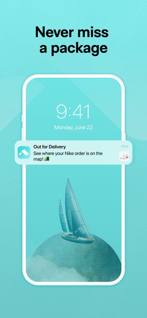 Pantalla de bloqueo del iPhone que muestra una notificación de la aplicación Route para un pedido de Nike que está en reparto.