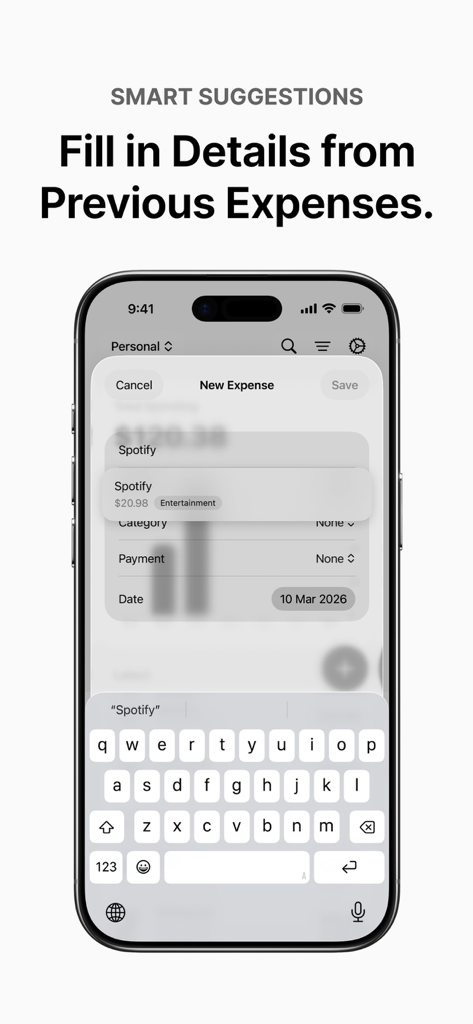 SyncSpend - SyncSpend mobile app interface showing smart suggestions to quickly fill in new expense details like Spotify