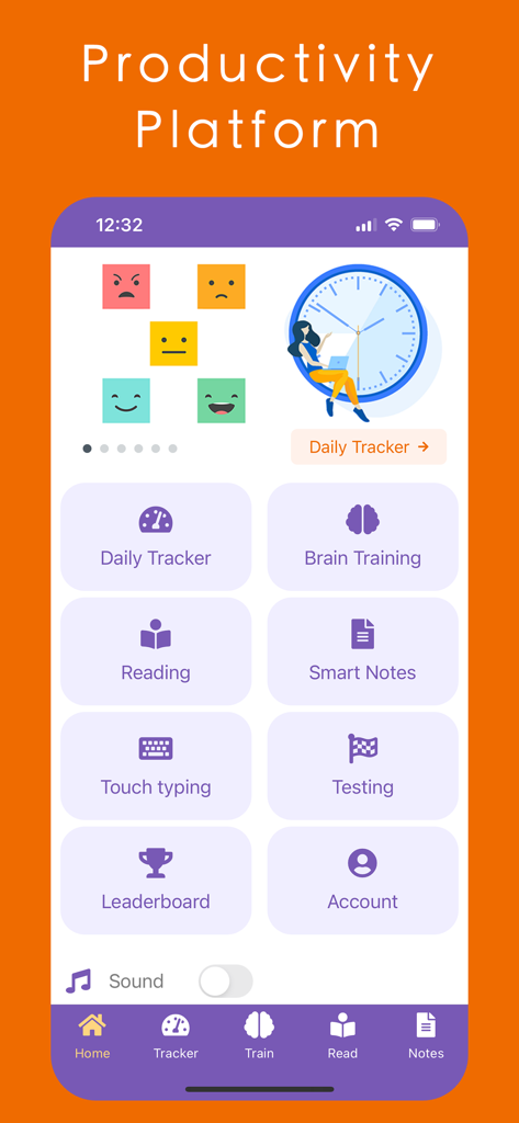 Readlax app dashboard showing productivity modules including brain training, reading, smart notes, and a daily tracker.
