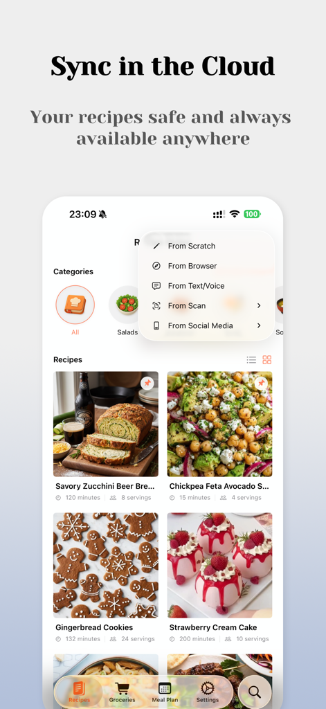 Recipe Notes - My Cookbook - Interfaz de la aplicación Recipe Notes que muestra la colección de recetas y la función de sincronización en la nube.