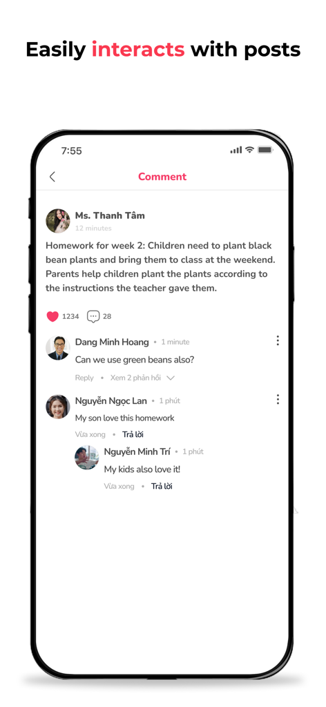 Monkey Class - Feed de noticias de la aplicación Monkey Class mostrando una publicación de un profesor sobre las tareas con comentarios y me gusta de los padres