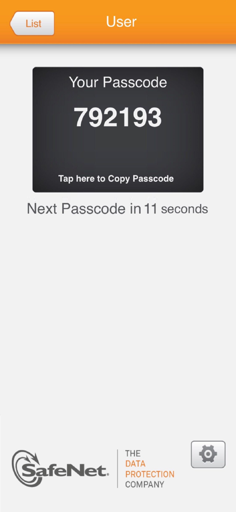 SafeNet MobilePASS app interface displaying a six-digit authentication passcode