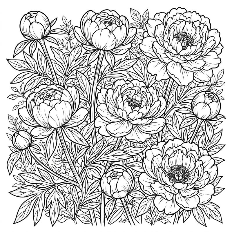 Discover the exquisite detail of herbaceous peonies with this stunning floral coloring template. Perfect for nature lovers, this page invites you to bring a vibrant garden to life with your favorite colors.