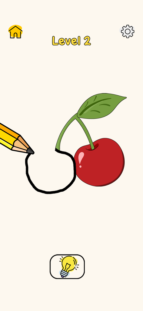 Pencil drawing a missing cherry outline in a mobile puzzle game