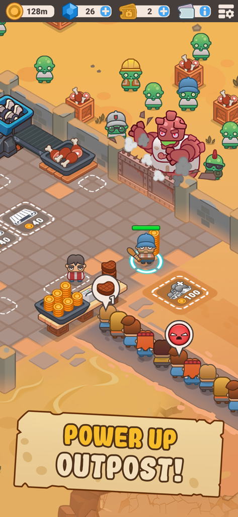 Idle Outpost Zombie Apocalypse - 생존자들이 줄을 서 있고 벽 뒤에 좀비들이 있는 무역소의 게임 플레이 스크린샷.