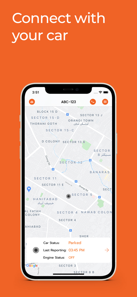 Falconi - Falconi mobile app showing a car's live location on a map with engine and parking status details