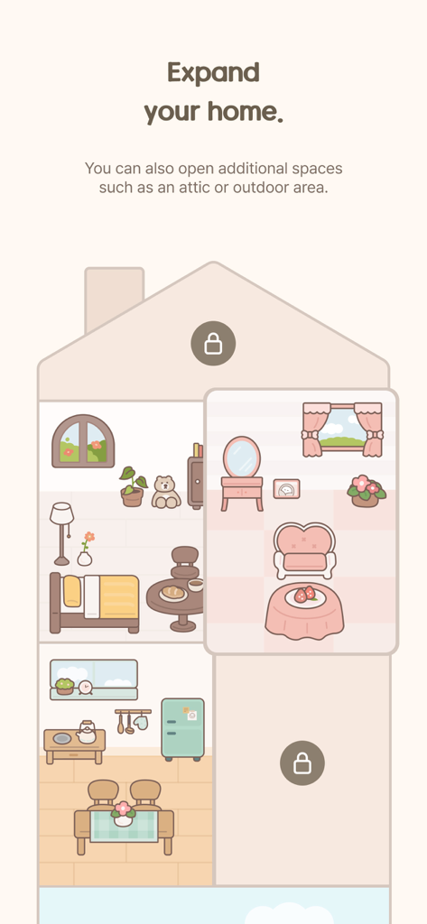 MindBridge - Mind Q&A, Diary - Interfaz de la app MindBridge que muestra una función de expansión del hogar virtual con habitaciones y muebles acogedores personalizables