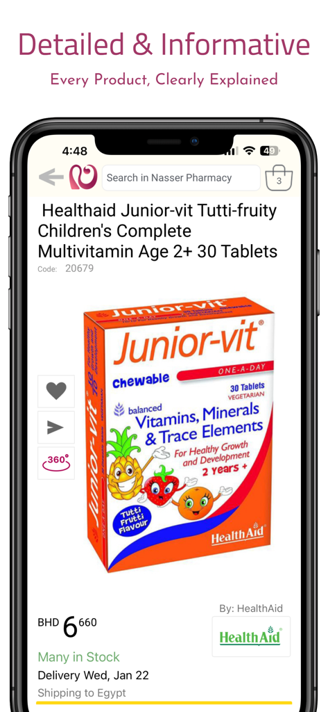 Nasser Pharmacy - Nasser Pharmacy mobile app showing a detailed product page for children multivitamins with a 360-degree view option