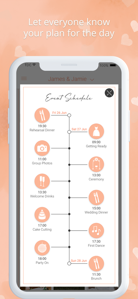 Wedding photo app by Wedbox - Mobile screen displaying a detailed wedding itinerary with timed events and icons