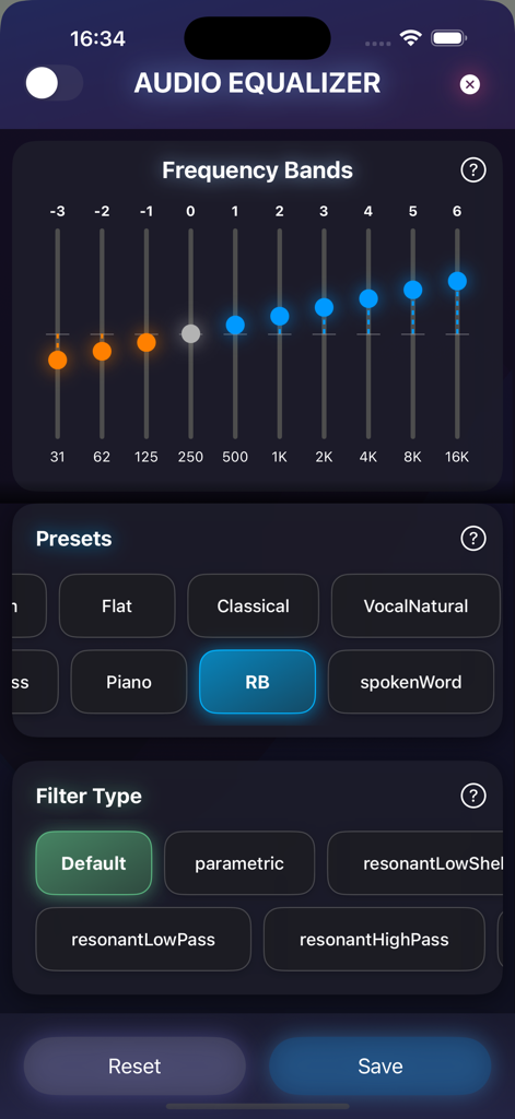 Offline Music Play موزیک پلیر - Audio equalizer screen showing frequency bands and sound presets.