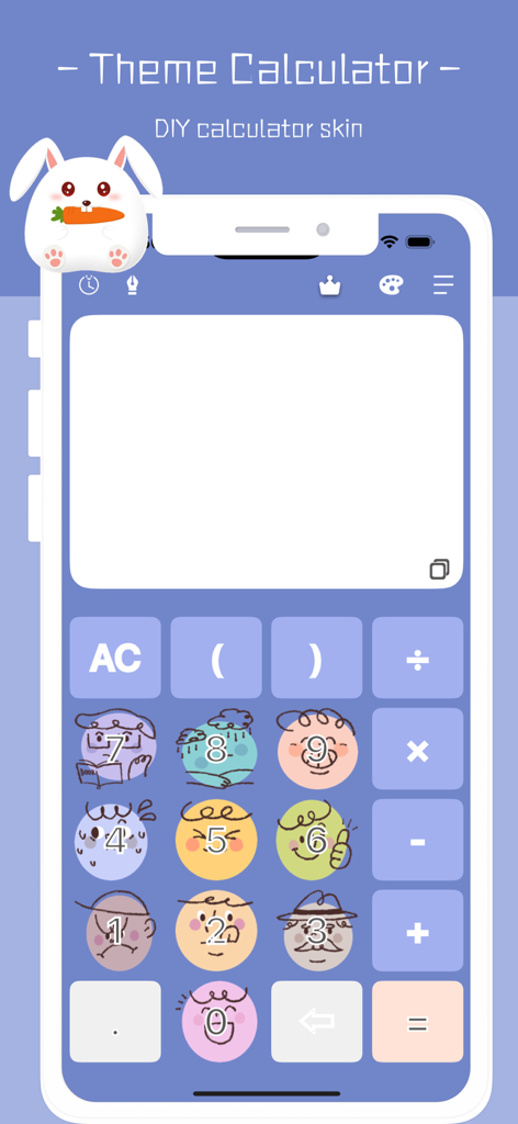 Calculator History - - 파란색 테마와 숫자 버튼에 사용자 지정 만화 얼굴이 있는 계산기 인터페이스