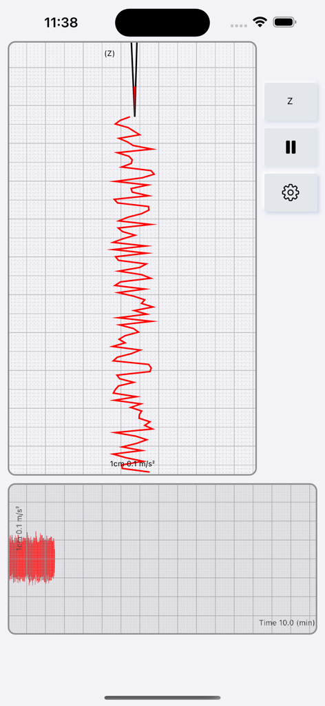 Digitale Seismographen-Oberfläche, die ein Echtzeit-rotes Vibrationsdiagramm auf einem Gitterhintergrund anzeigt.