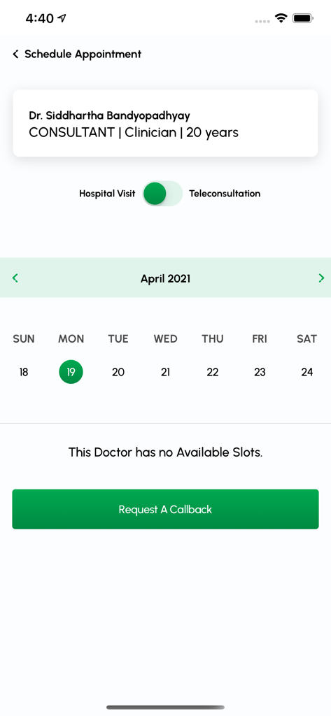 Schedule an appointment screen in the myFortis app showing doctor details and a request callback button