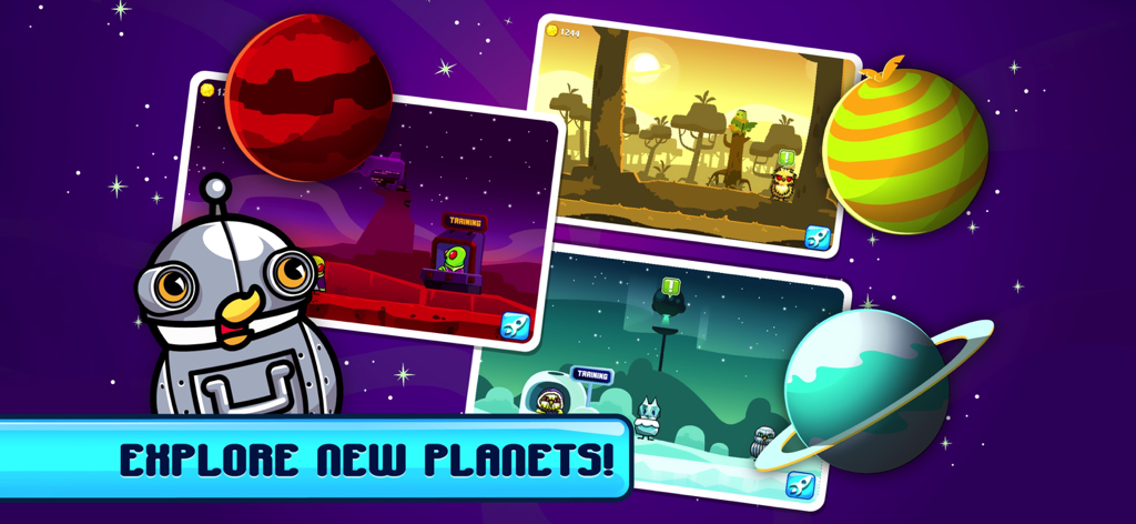 A robot duck character showcasing different alien worlds and the text explore new planets