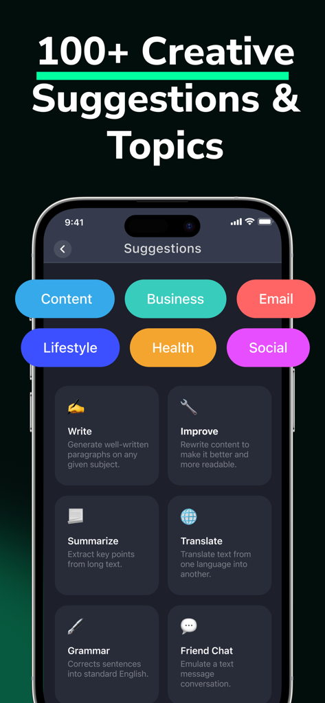 Interfaz de la aplicación de chatbot IA DeepSearch mostrando sugerencias de escritura creativa y herramientas de productividad