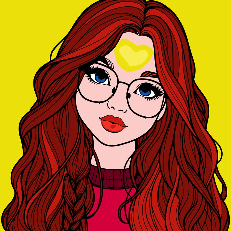 girl with long hair and freckles and glasses realistic