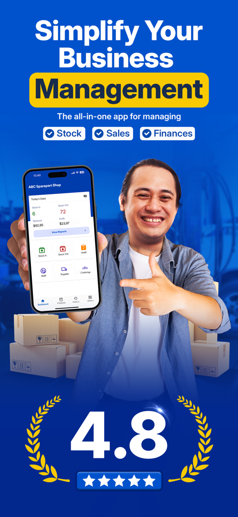 Kelola: Inventory & Sales - Man holding a smartphone showcasing the Kelola app dashboard for managing business stock and sales
