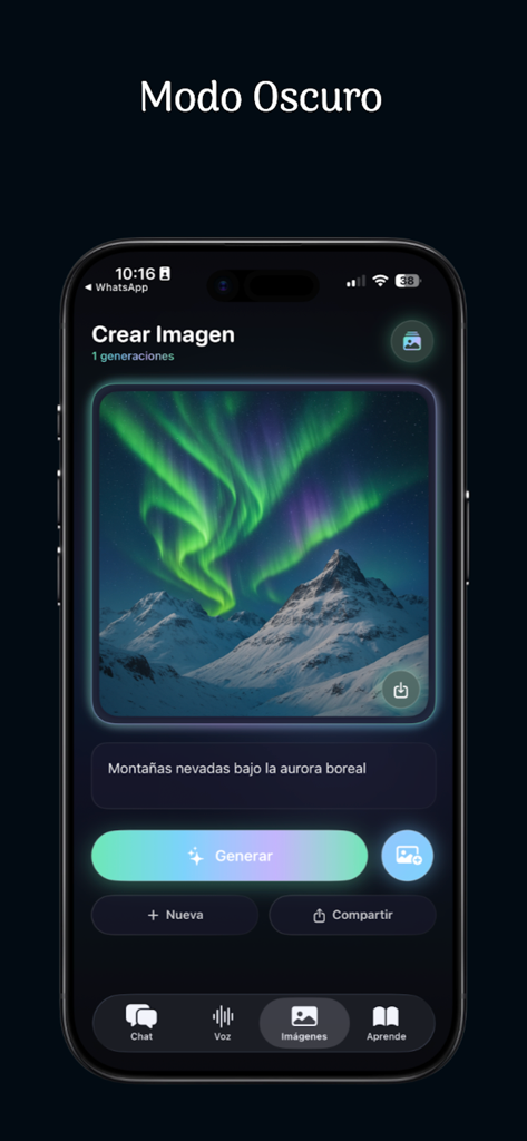 Inteligencia Artificial IA - ダークモードでオーロラの画像を作成する人工知能AIアプリのインターフェース