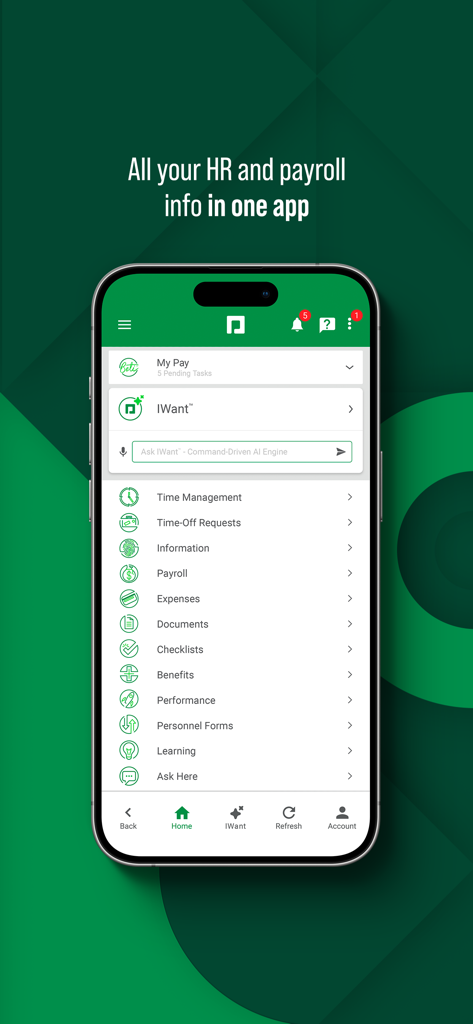 Paycom - Paycom mobile app dashboard showing various HR and payroll features like time management and expenses