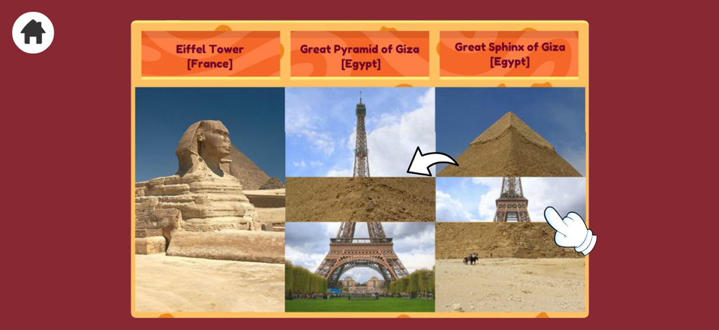 Educational game screen showing landmark puzzles of the Eiffel Tower and Egyptian pyramids for kids