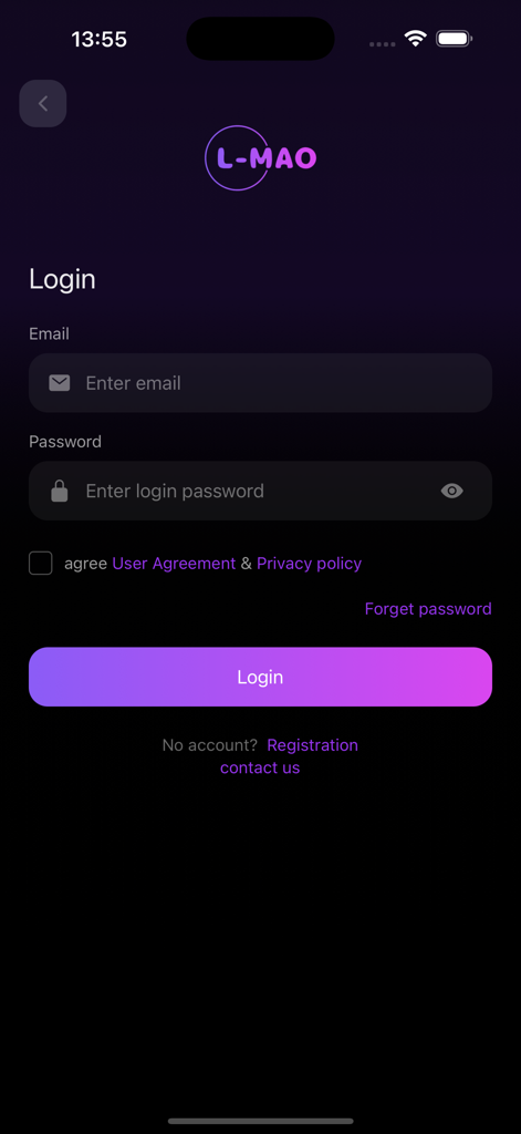 l-mao - Login screen of the l-mao app with email and password fields on a dark background.