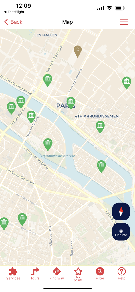 myguide.city - city guide - Carte hors ligne de Paris dans l'application myguide city montrant diverses attractions touristiques et fonctionnalités de navigation piétonne