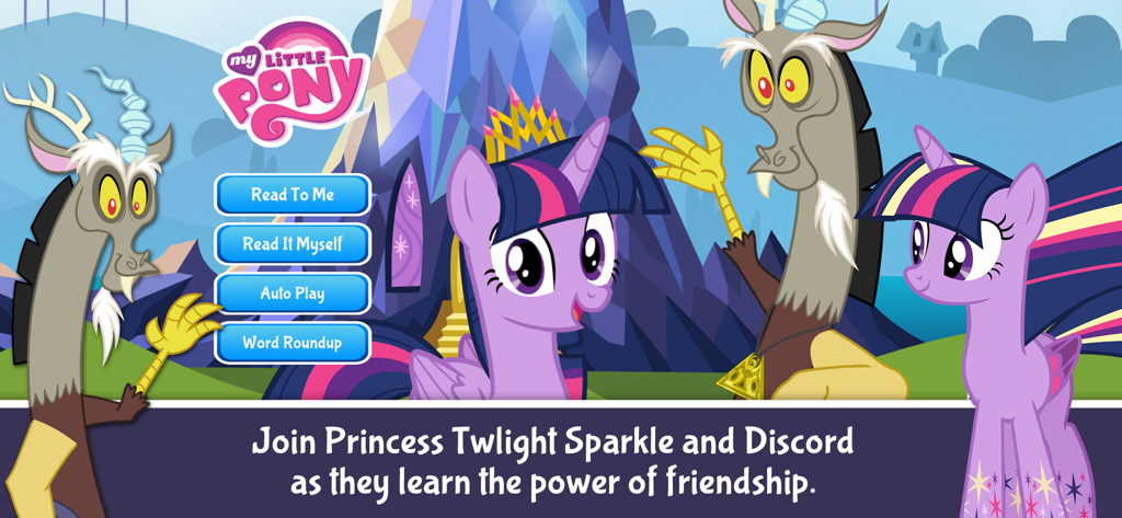 My Little Pony: Twilight - Menú principal de la aplicación de cuento de lujo My Little Pony Twilight Sparkle con Twilight Sparkle y Discord
