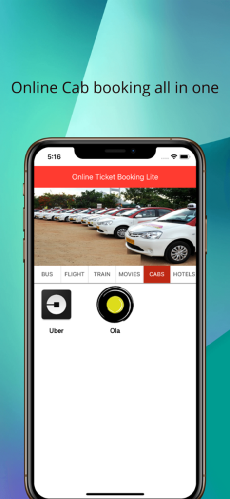 Online Ticket Booking Lite - UberやOlaの配車サービスオプションを表示するオンラインチケット予約Liteのモバイルアプリインターフェース。