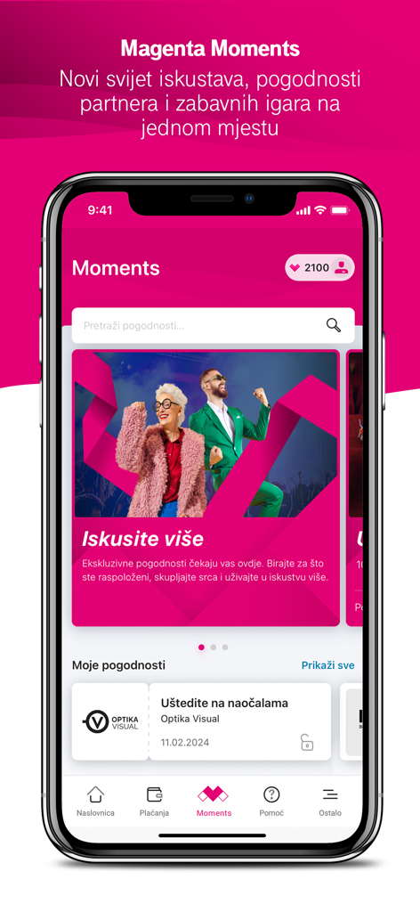 Moj Telekom HR - Moj Telekom HR App Magenta Moments Bildschirm mit Treueprämien und Partnerangeboten