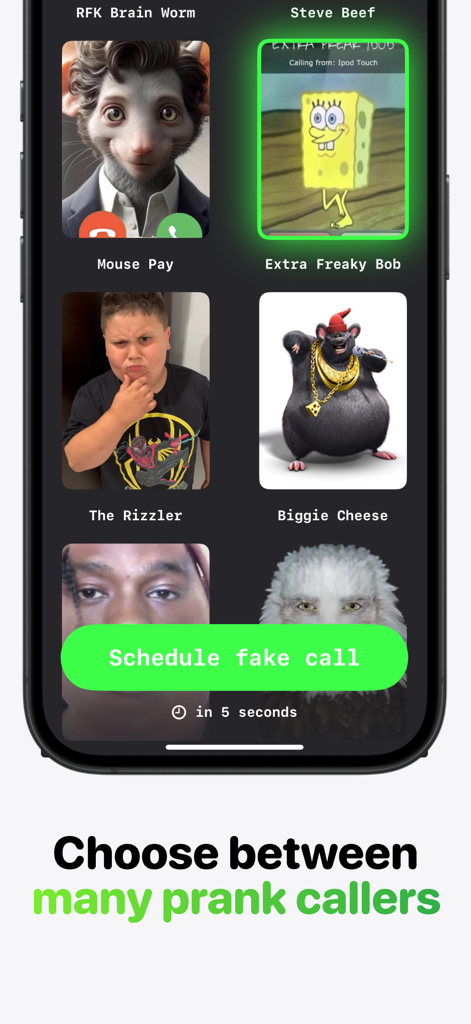 Incoming Call: John Pork Prank - Uma tela de aplicativo móvel mostrando vários personagens de meme como The Rizzler e Biggie Cheese para selecionar para uma chamada de pegadinha agendada.