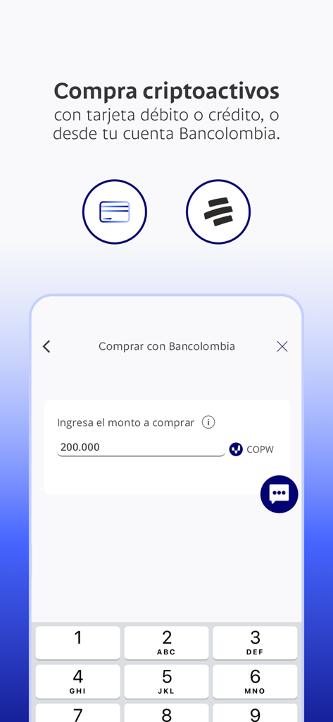 Wenia - Interfaz de la app Wenia mostrando cómo comprar criptoactivos COPW con una cuenta de Bancolombia