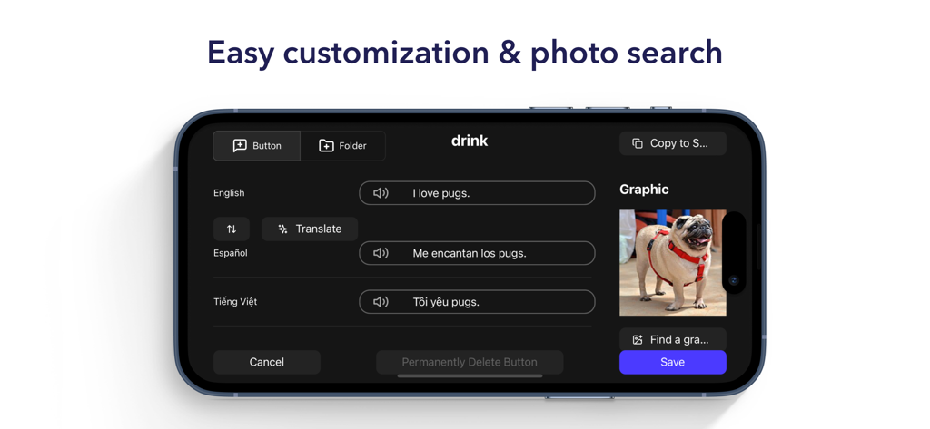 Flexspeak AAC - Flexspeak AAC app interface showing multilingual translation and photo search for communication buttons