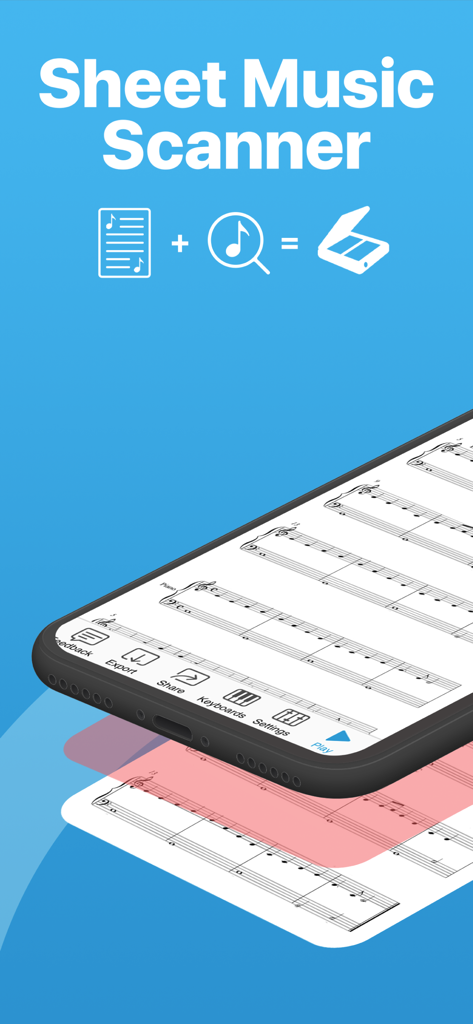 Smartphone interface of Sheet Music Scanner app displaying a musical score with playback and export controls
