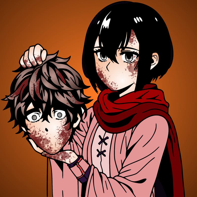 mikasa ackerman with the red scarf holding eren's head in her hand